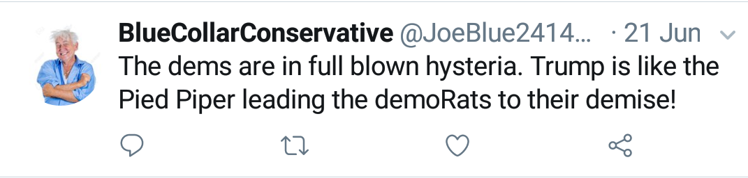 Blue Collar Conservative Tweeted: "The dems are in full blown hysteria. Trump is like the Pied Piper leading the demoRats to their demise!"