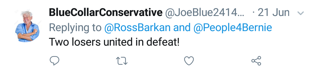 Blue Collar Conservative Tweeted: "Two losers united in defeat!" replying to @RossBarkan and @People4Bernie