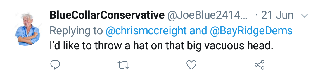 Blue Collar Conservative Tweeted: "I'd like to throw a hat on that big vacuous head." replying to @chrismccreight and @BayRidgeDems