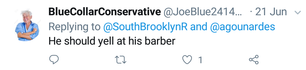 Blue Collar Conservative Tweeted: "He should yell at his barber" replying to @SouthBrooklynR and @agounardes