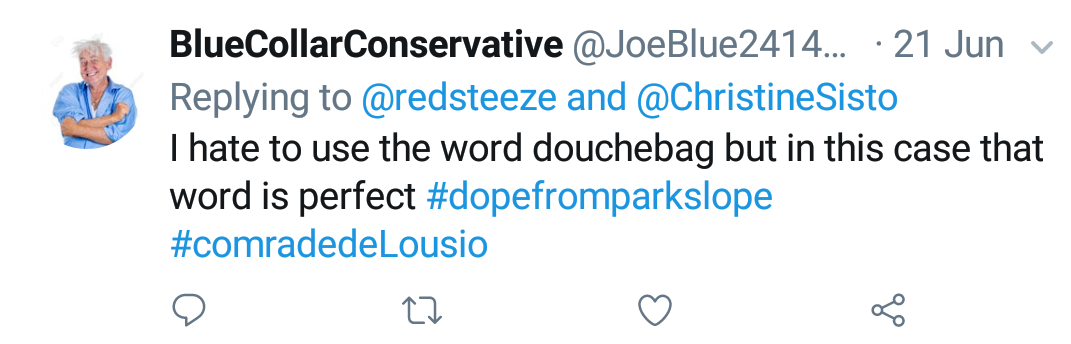 Blue Collar Conservative Tweeted: "I hate to use the word douchebag but in this case that word is perfect #dopefromparkslope #comradedeLousio" in reply to @redsteeze and @ChristineSisto