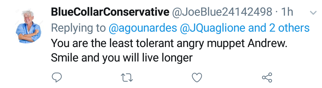 Blue Collar Conservative Tweeted: "You are the least tolerant angry muppet Andrew. Smile and you will live longer" replying to @agounardes @JQuaglione and 2 others