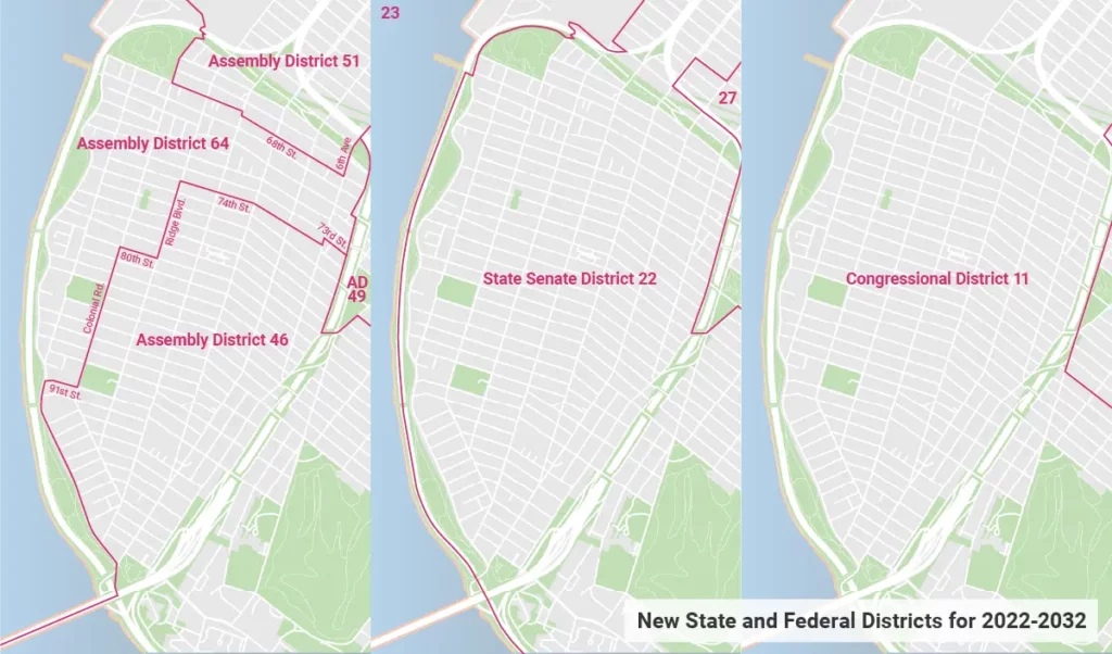 Bay Ridge's Congressional, State Senate, and Assembly maps.