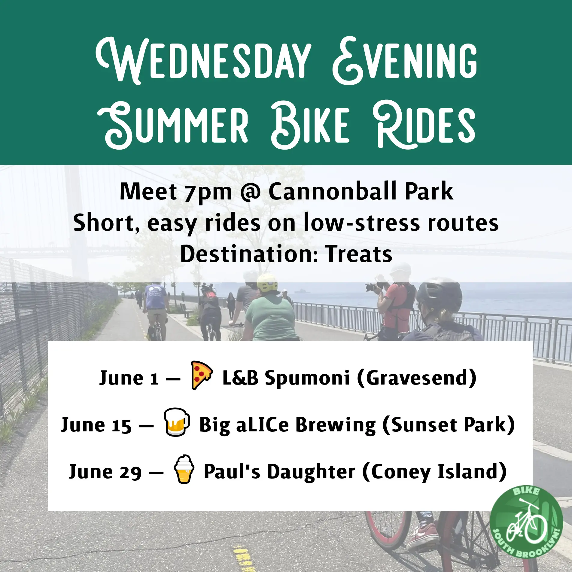 Event graphic for Bike South Brooklyn's Wednesday Evening Summer Bike Rides