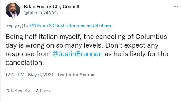 Brian Fox identifying as half-Italian in a Tweet about Columbus Day