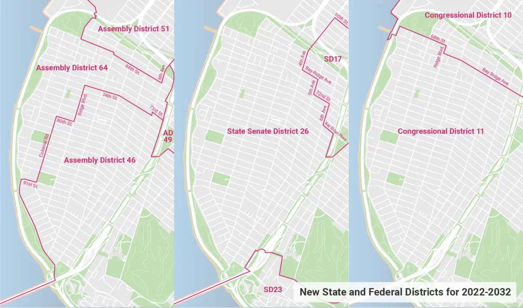 A set of three maps showing the new 2022-2032 political maps for Bay Ridge, Brooklyn. This set represents the boundaries of the State Senate, State Assembly, and House Congressional Districts.