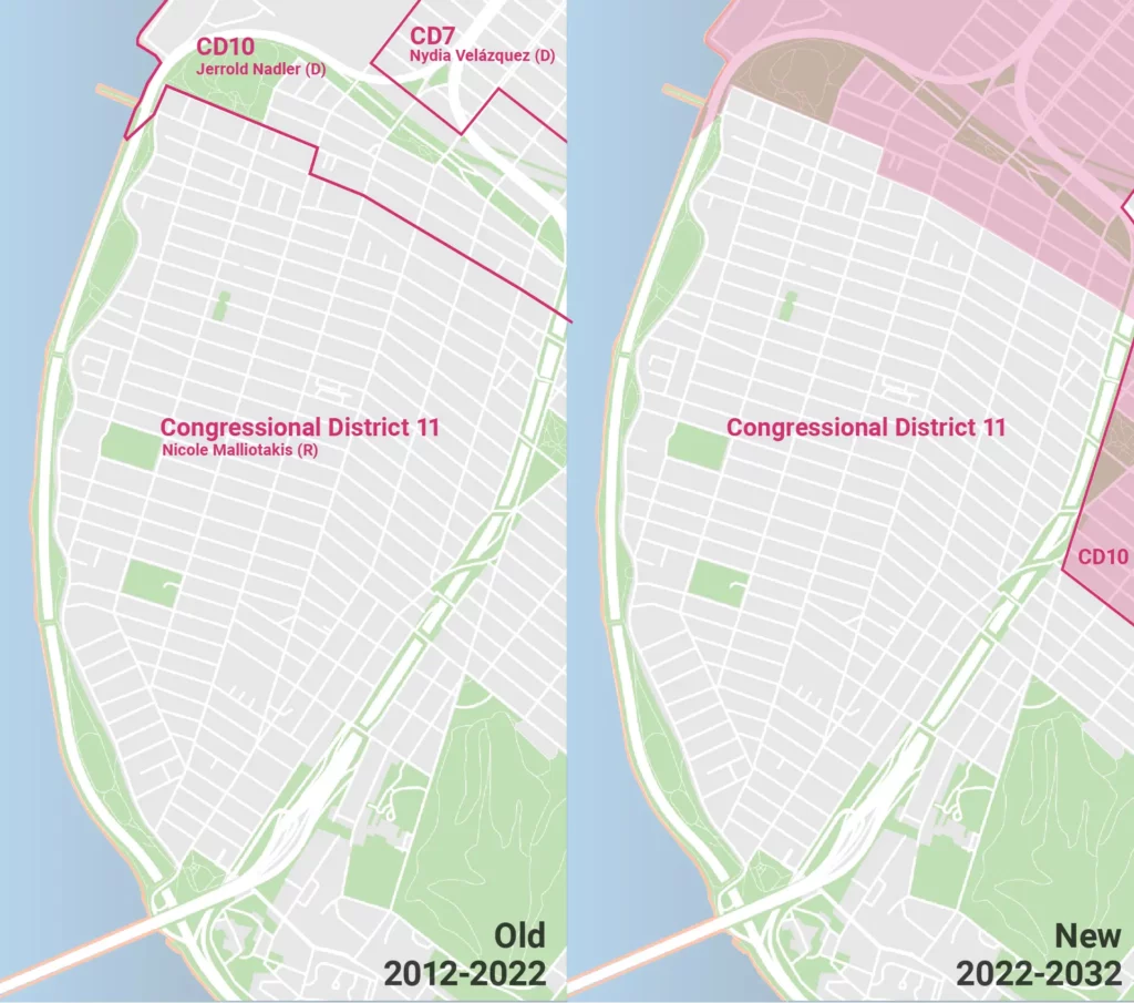 A map comparing the 2012-2022 and 2022-2032 versions of New York Congressional District  11 (NY11), focusing on Bay Ridge, Brooklyn.