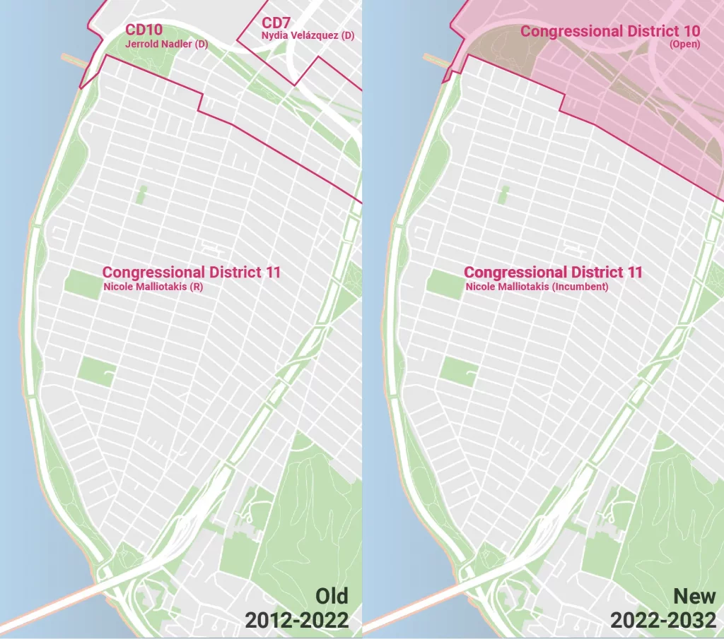 A set of two maps showing the difference between the old and new Congressional District maps in Bay Ridge, Brooklyn.
