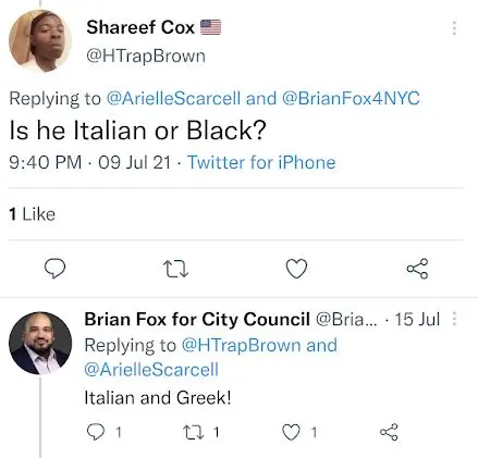 A Tweet from Brian Fox self-identifying as Italian and Greek