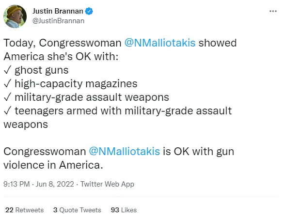 A tweet criticizing Nicole Malliotakis's position on gun reform from NYC Councilmember Justin Brannan