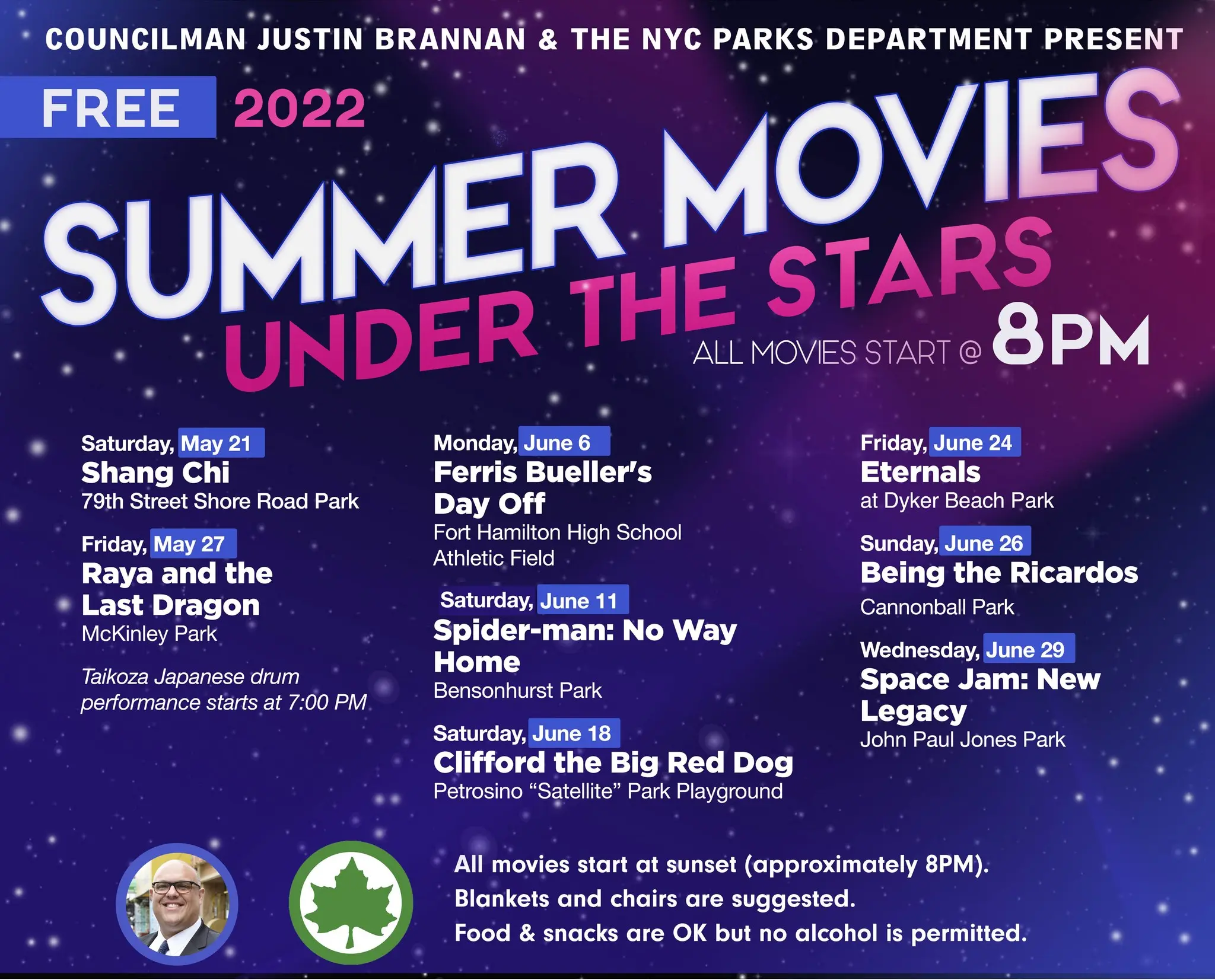 Events listing for the 2022 Summer Movies Under The Stars series in Bay Ridge, Dyker Heights and Bensonhurst.