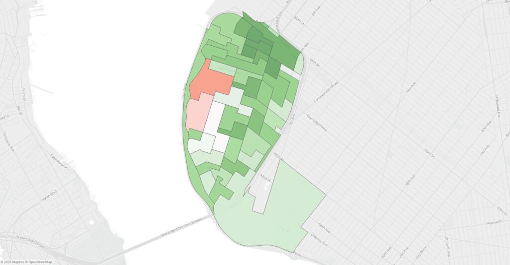 A map showing support for Ballot Measure 2 in the November 2019 NYC General Election in Bay Ridge.