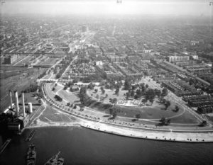 A 1937 view of Owl's Head Park showing the completed overlook plaza and the still-intact Bliss Stables.