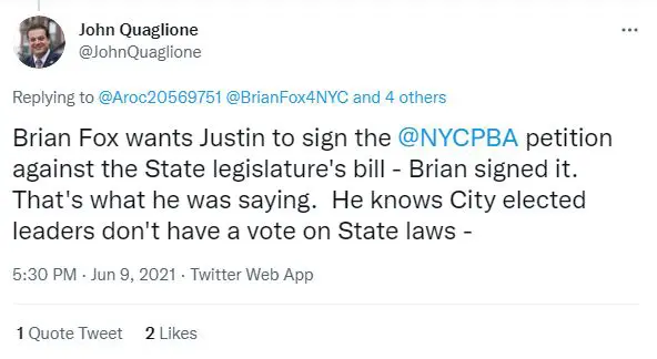 Campaign staffer John Quaglione clarifies Brian Fox's Tweet Announcing That He Voted For the Police Stand Down Act