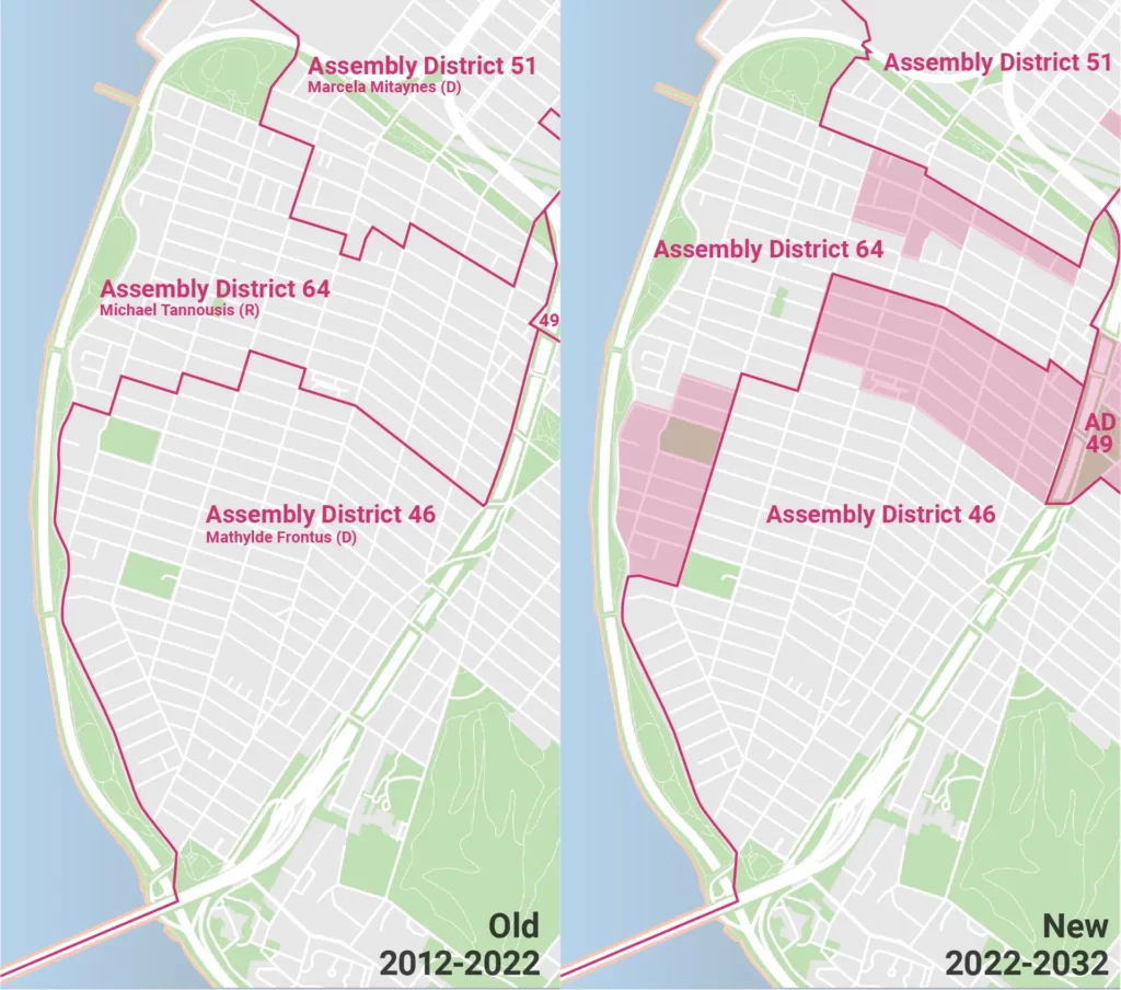A map comparing the 2012-2022 and 2022-2032 versions of New York State Assembly Districts, focusing on Bay Ridge, Brooklyn.