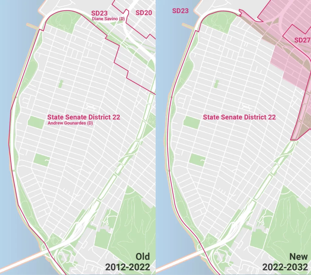 A map comparing the 2012-2022 and 2022-2032 versions of New York State Senate District 22, focusing on Bay Ridge, Brooklyn.