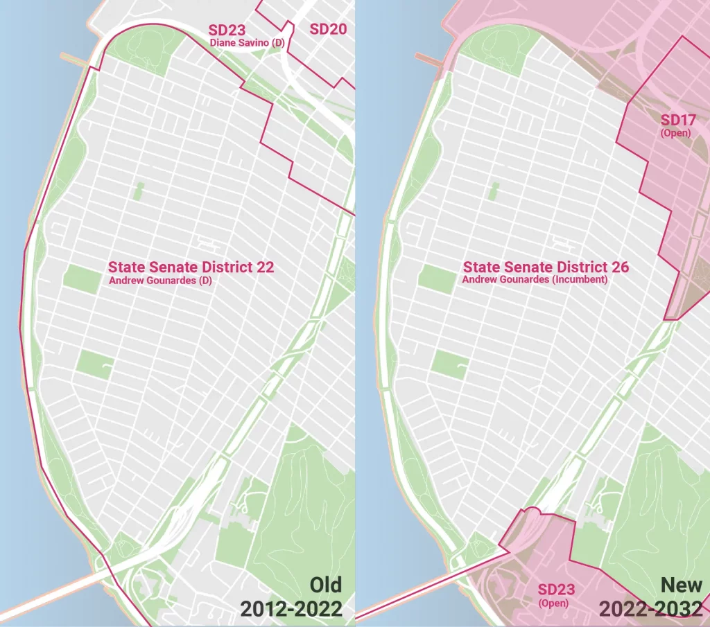 A set of two maps showing the difference between the old and new State Senate District maps in Bay Ridge, Brooklyn.