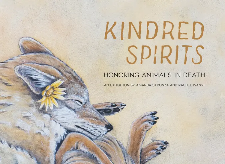 A graphic advertising the opening of Kindred Spirits, an exhibition by Amanda Stronza and Rachel Ivanyi at Underland Gallery in Bay Ridge, Brooklyn
