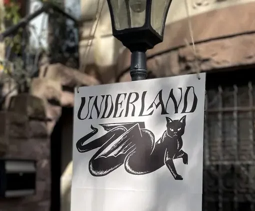 An exterior shot of the Underland Gallery's Brownstone front yard, focusing in on a gas lamp with a banner hanging from it bearing the Underland logo of a black cat with the body of a serpent with wings.