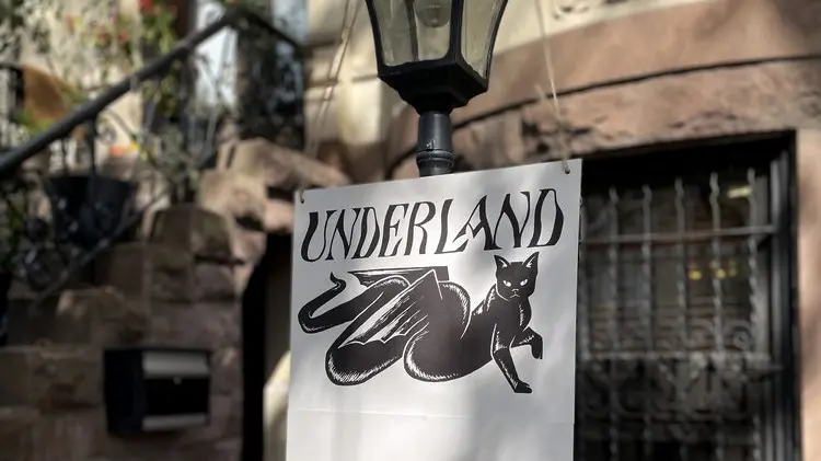 An exterior shot of the Underland Gallery's Brownstone front yard, focusing in on a gas lamp with a banner hanging from it bearing the Underland logo of a black cat with the body of a serpent with wings.